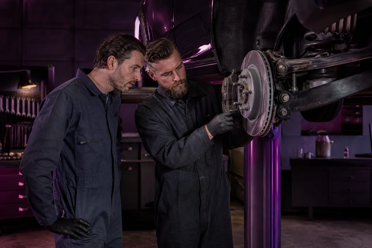 Early days of paleontolog workshop with technicians inspecting vehicle brake components, 1280x800