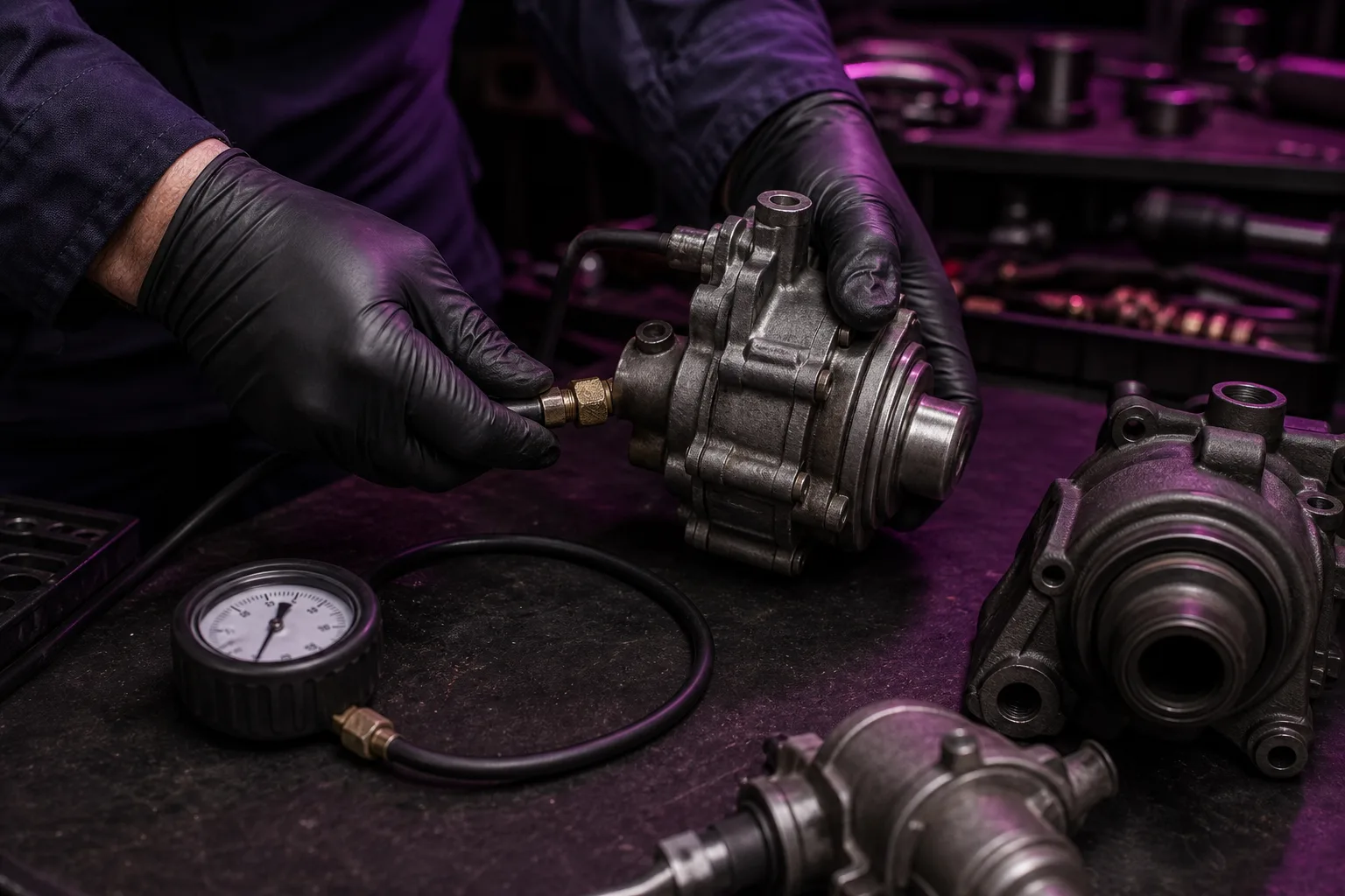 Diesel engine brake vacuum pump being tested on a workbench, 1280x720