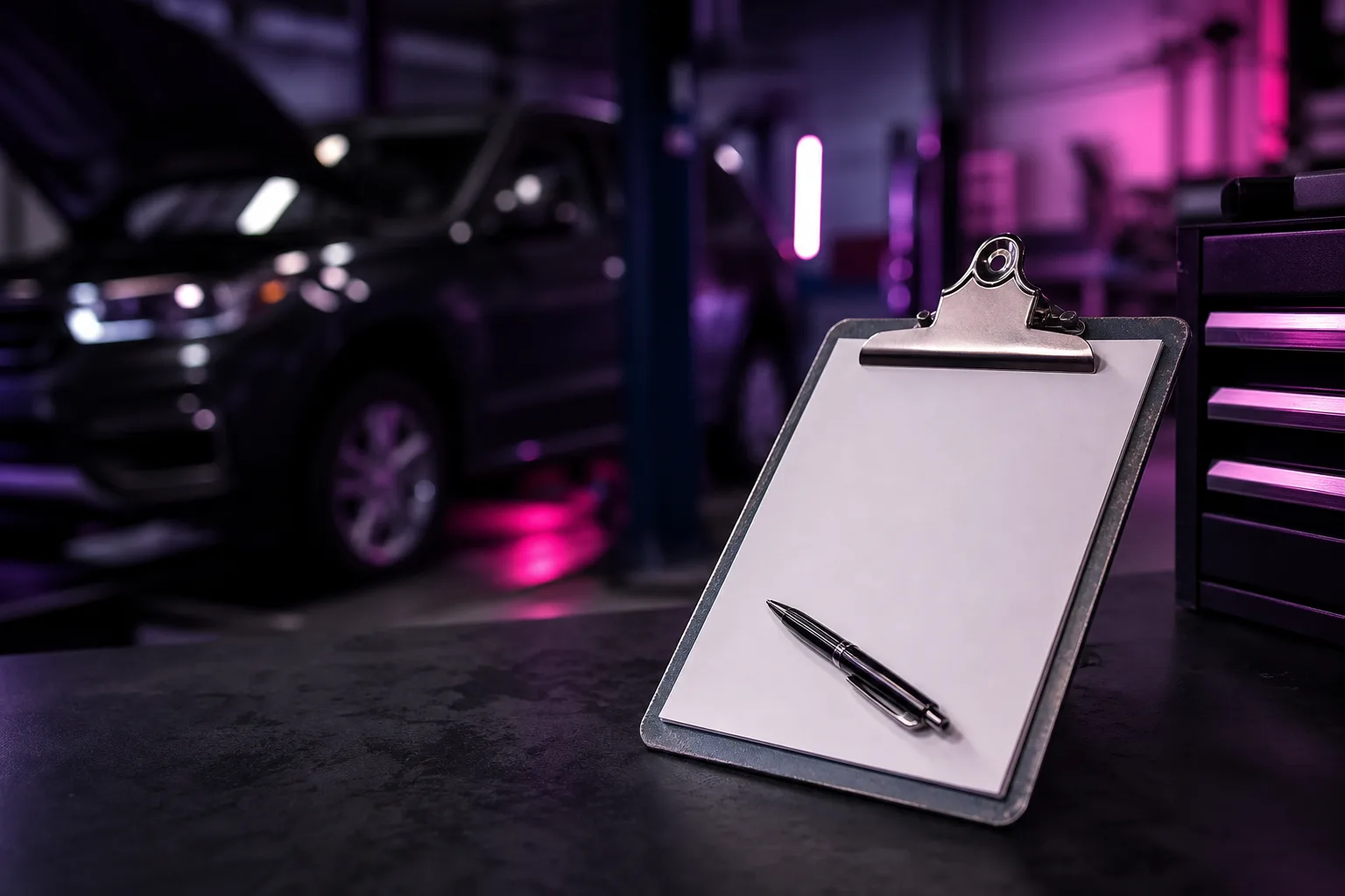 Post-repair vehicle safety certificate document on workshop clipboard, 1280x720