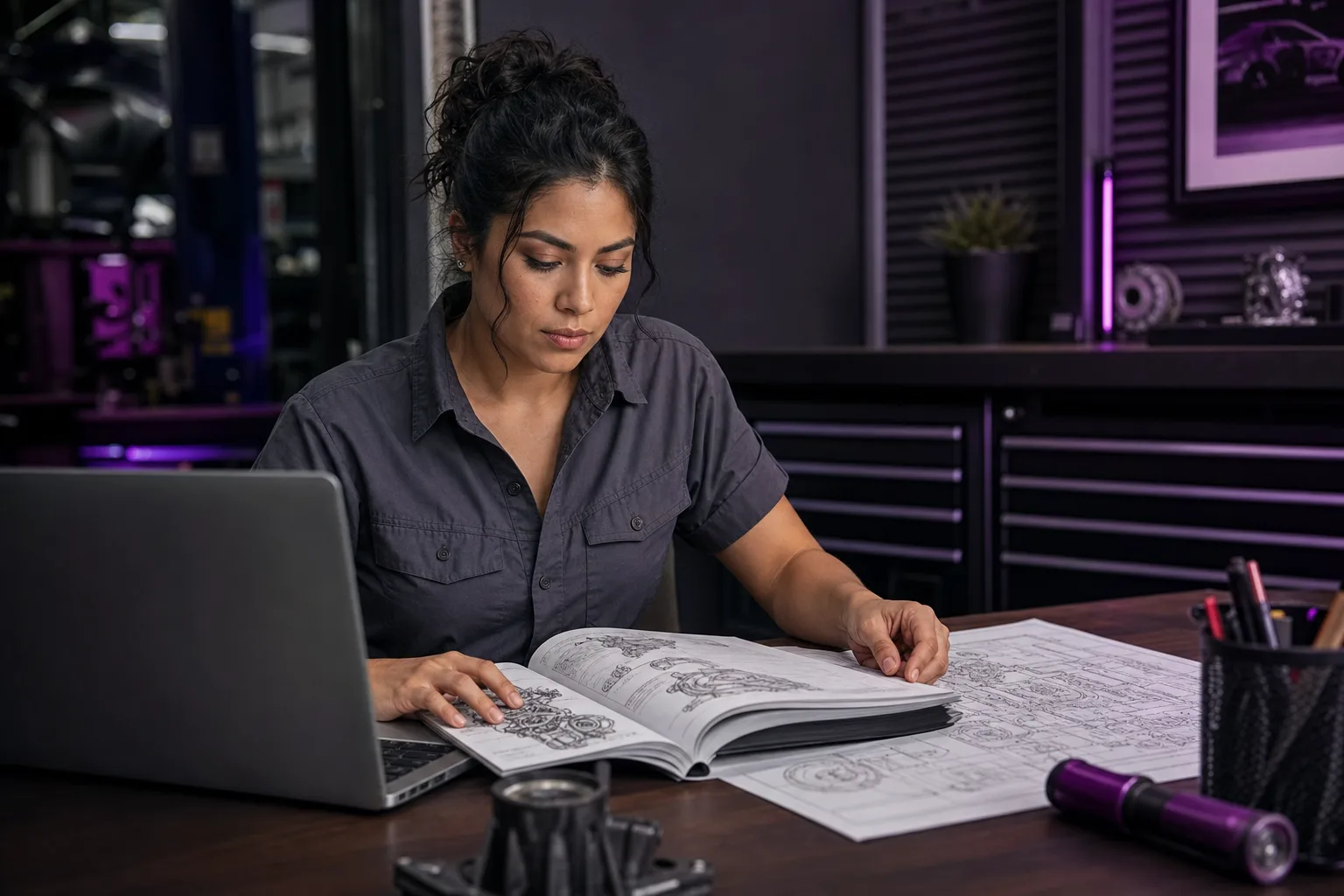 Technician reviewing technical documentation at paleontolog workshop desk, 1920x1080