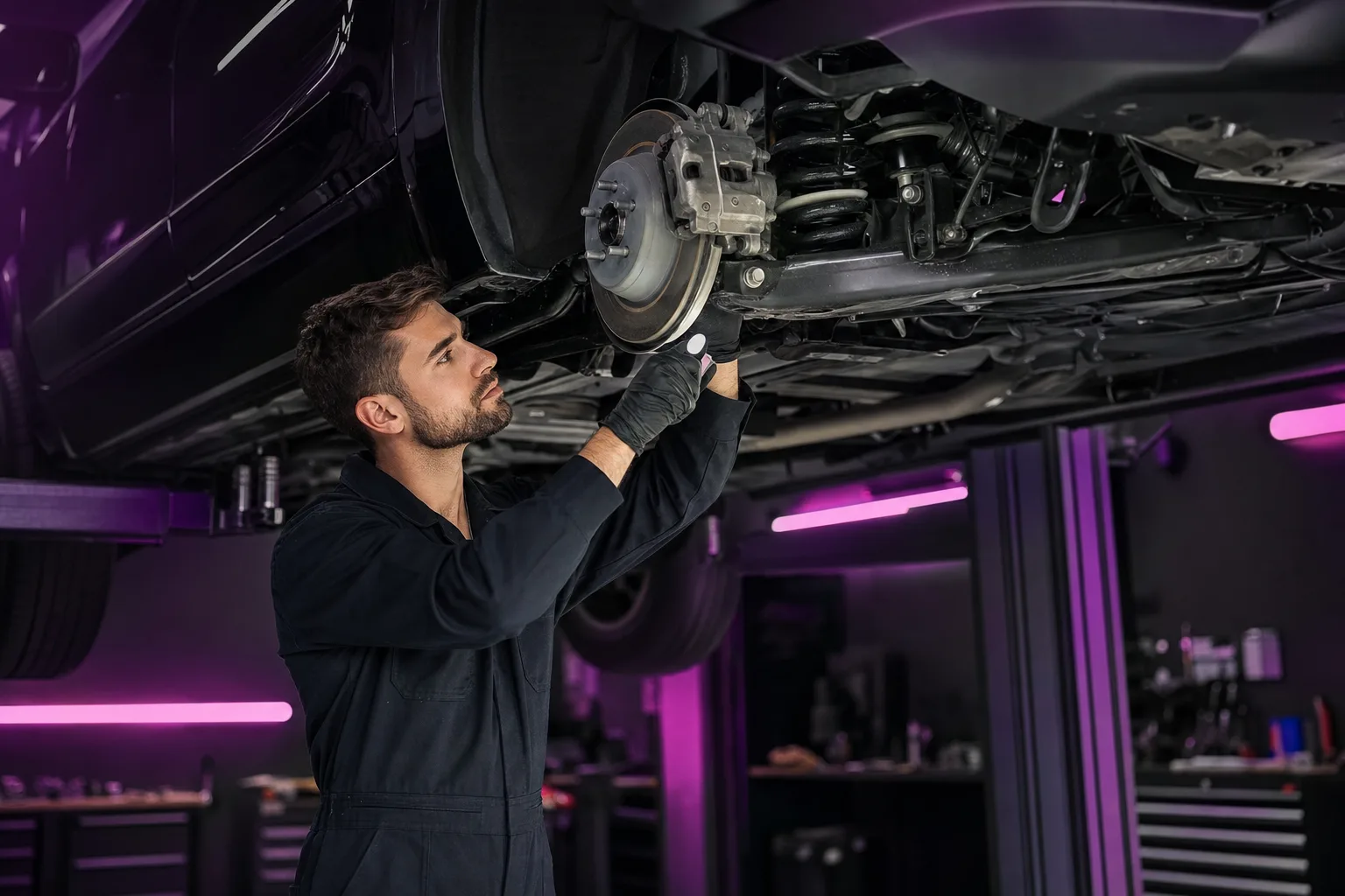 Automotive workshop safety inspection scene with technician checking vehicle systems, 1920x1080